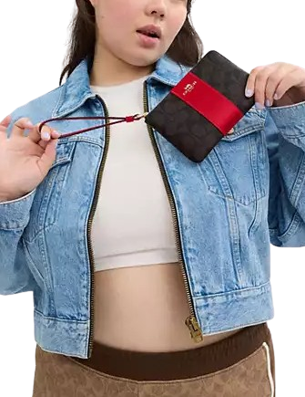 Coach Corner Zip Wristlet In Signature Canvas With Stripe Walnut Bold Red