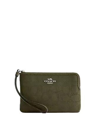 Coach Corner Zip Wristlet In Signature Jacquard Olive Drab