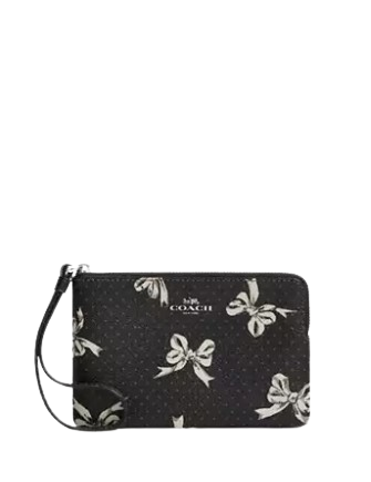Coach Corner Zip Wristlet With Bow Print  Black