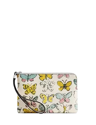 Coach Corner Zip Wristlet With Butterfly Print Chalk