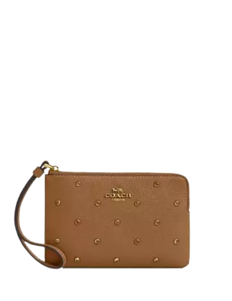 Coach Corner Zip Wristlet With Crystal Honey Brown