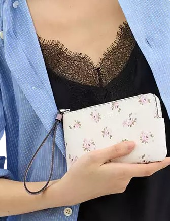 Coach Corner Zip Wristlet With Floral Print Chalk