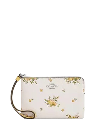 Coach Corner Zip Wristlet With Floral Print Chalk