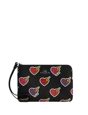 Coach Corner Zip Wristlet With Heart Bolt Print Black