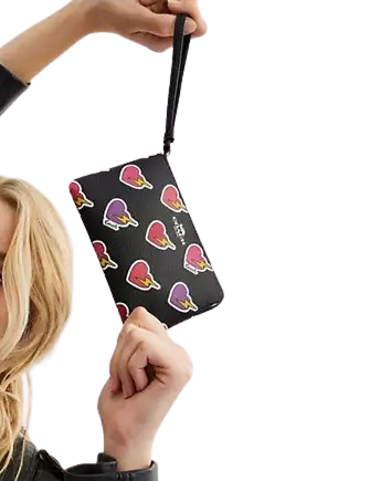 Coach Corner Zip Wristlet With Heart Bolt Print Black