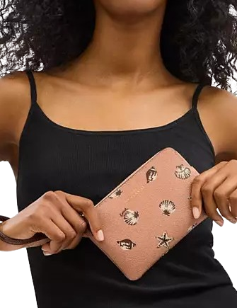 Coach Corner Zip Wristlet With Shell Print Coral Maple