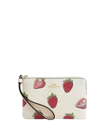 Coach Corner Zip Wristlet With Strawberry Print Chalk