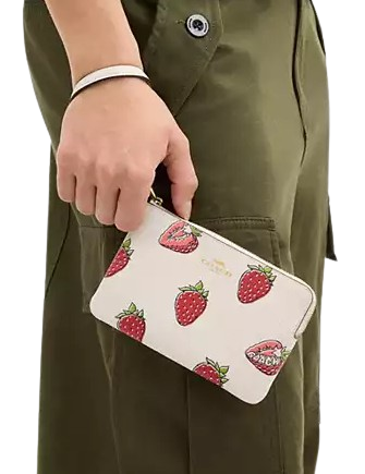 Coach Corner Zip Wristlet With Strawberry Print Chalk