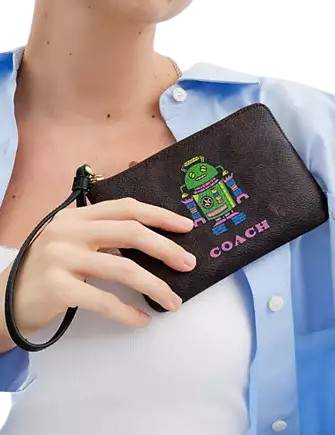 Coach Cosmic Coach Corner Zip Wristlet In Signature Canvas With Robot Print Walnut