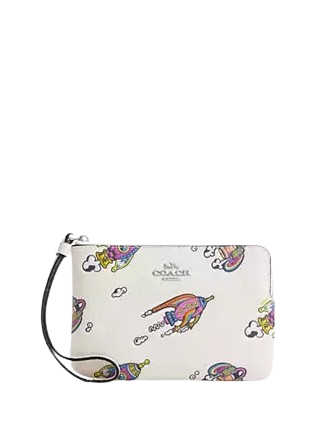 Coach Cosmic Coach Corner Zip Wristlet With Rocket Print Chalk