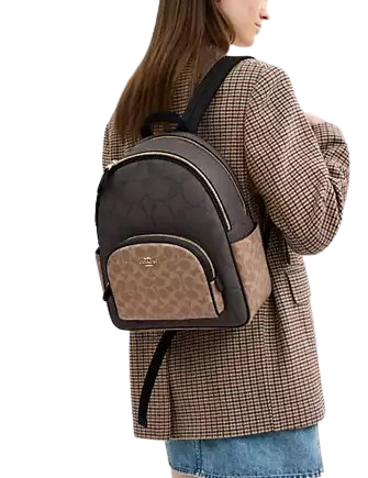 Coach Court Backpack In Blocked Signature Canvas Walnut Tan