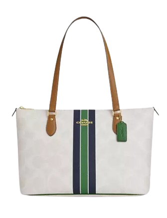 Coach Gallery Tote Bag In Signature Canvas With Stripe Print Chalk