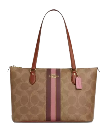 Coach Gallery Tote Bag In Signature Canvas With Stripe Print Tan