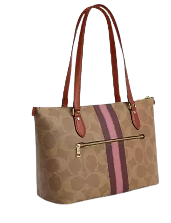 Coach Gallery Tote Bag In Signature Canvas With Stripe Print Tan