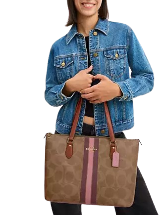 Coach Gallery Tote Bag In Signature Canvas With Stripe Print Tan
