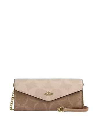 Coach Klare Wallet With Chain In Blocked Signature Canvas Sand Tan