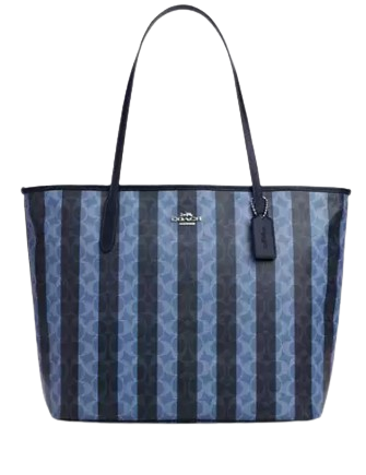 Coach Large City Tote Bag In Signature Canvas With Stripe Denim Midnight Navy