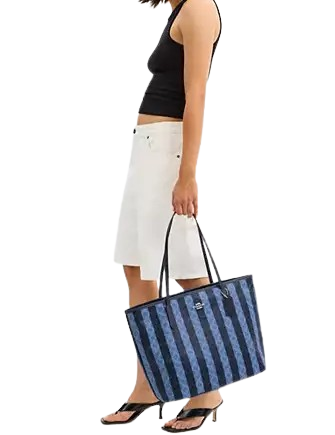 Coach Large City Tote Bag In Signature Canvas With Stripe Denim Midnight Navy