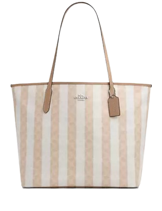 Coach Large City Tote Bag In Signature Canvas With Stripe Sand Tan
