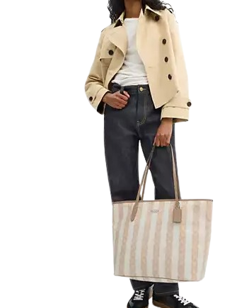Coach Large City Tote Bag In Signature Canvas With Stripe Sand Tan