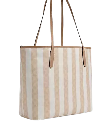 Coach Large City Tote Bag In Signature Canvas With Stripe Sand Tan