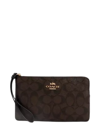 Coach Large Corner Zip Wristlet In Signature Canvas Brown Black