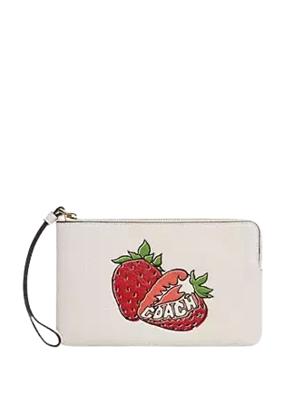 Coach Large Corner Zip Wristlet With Strawberry Graphic Chalk