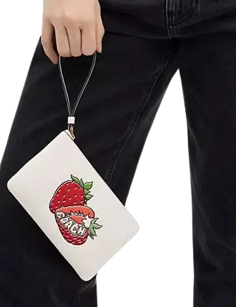 Coach Large Corner Zip Wristlet With Strawberry Graphic Chalk