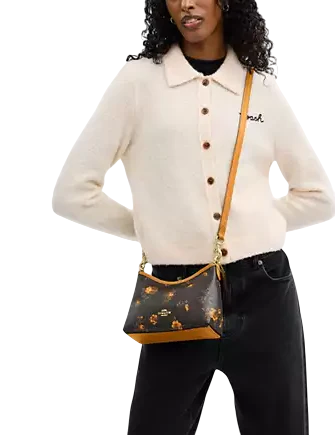 Coach Laurel Small Shoulder Bag In Signature Canvas With Floral Print Walnut Yellow