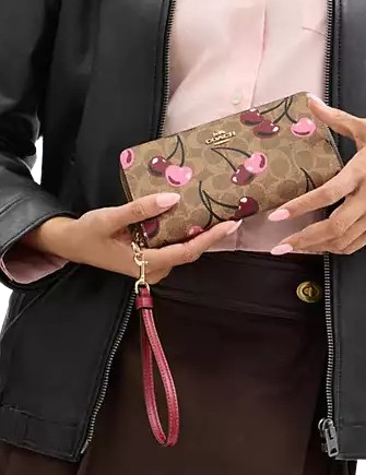 Coach Long Zip Around Wallet In Signature Canvas With Cherry Print Coach Long Zip Around Wallet In Signature Canvas With Cherry Print