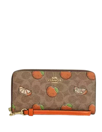 Coach Long Zip Around Wallet In Signature Canvas With Orange Print Tan
