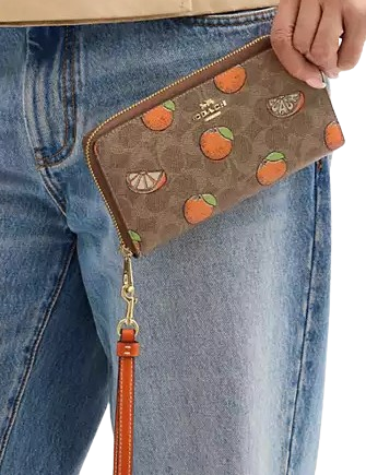 Coach Long Zip Around Wallet In Signature Canvas With Orange Print Tan