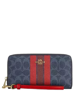 Coach Long Zip Around Wallet In Signature Canvas With Varsity Stripe Denim Bold Red