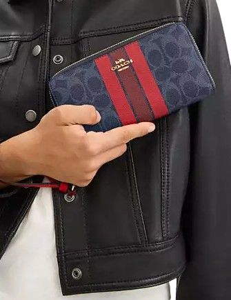 Coach Long Zip Around Wallet In Signature Canvas With Varsity Stripe Denim Bold Red