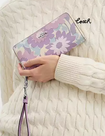 Coach Long Zip Around Wallet With Floral Print Purple