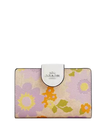 Coach Medium Corner Zip Wallet In Signature Canvas With Floral Print Sand