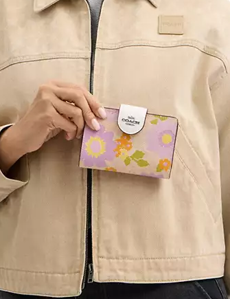 Coach Medium Corner Zip Wallet In Signature Canvas With Floral Print Sand
