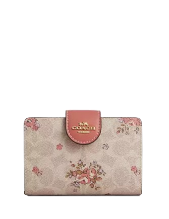 Coach Medium Corner Zip Wallet In Signature Canvas With Floral Print Sand