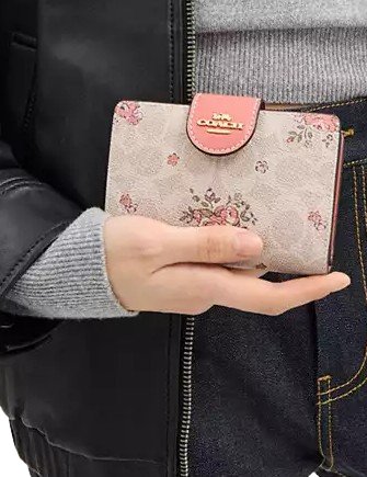 Coach Medium Corner Zip Wallet In Signature Canvas With Floral Print Sand