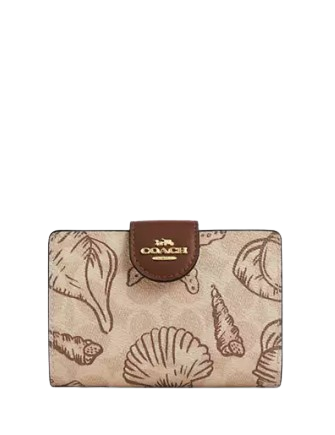 Coach Medium Corner Zip Wallet In Signature Canvas With Shell Print Sand