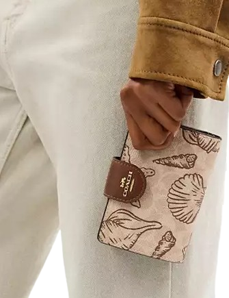 Coach Medium Corner Zip Wallet In Signature Canvas With Shell Print Sand