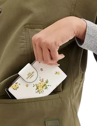 Coach Medium Corner Zip Wallet With Floral Print Chalk