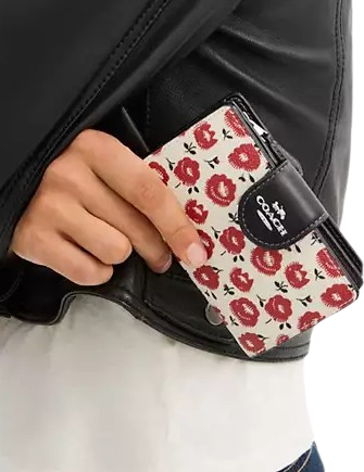 Coach Medium Corner Zip Wallet With Floral Print Chalk Black