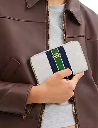 Coach Medium Id Zip Wallet In Signature Canvas With Varsity Stripe Chalk