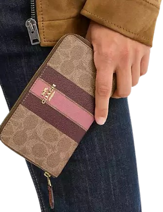 Coach Medium Id Zip Wallet In Signature Canvas With Varsity Stripe Tan