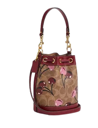 Coach Mini Bucket Bag In Signature Canvas With Cherry Print Tan