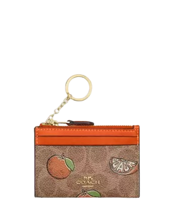 Coach Mini Skinny Id Case In Signature Canvas With Orange Print Tan Multi