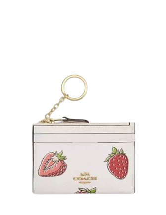 Coach Mini Skinny Id Case With Strawberry Print Chalk