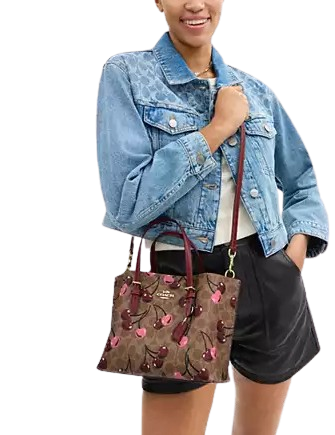 Coach Mollie Tote Bag 25 In Signature Canvas With Cherry Print Tan