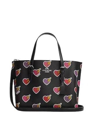 Coach Mollie Tote Bag 25 With Heart Bolt Print Black